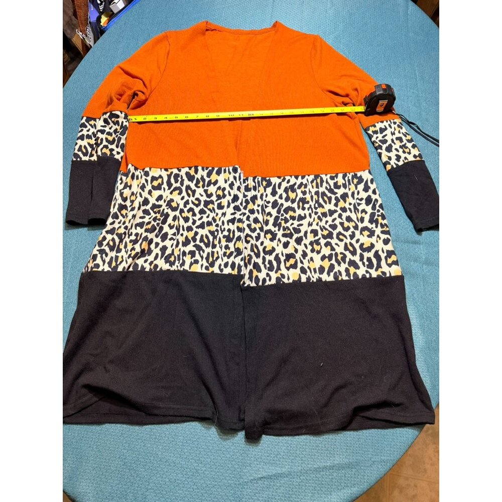 Colorblock Open Cardigan With Leopard Print & Long Sleeves Orange/Black/Leopard